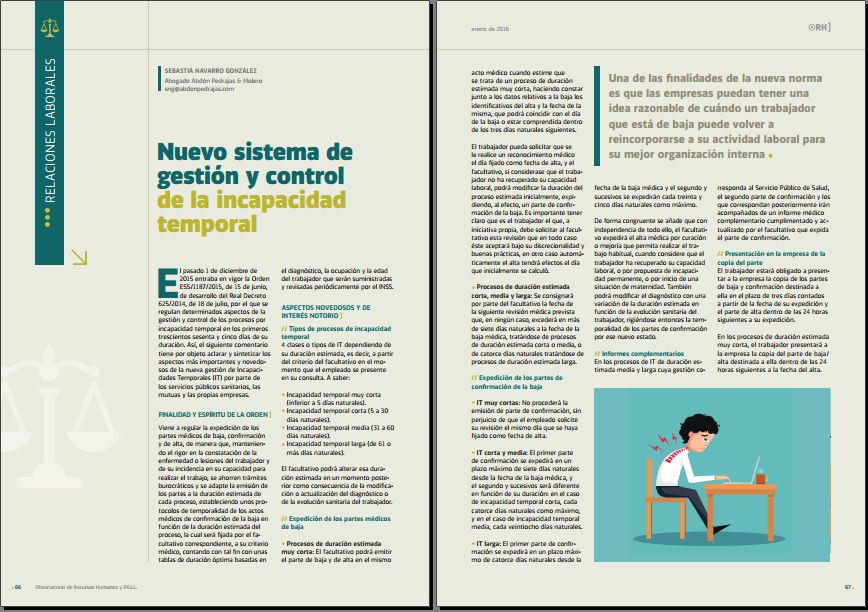 Nuevo sistema de gestion y control de la incapacidad temporal - Revista Observatorio de RR.HH. - Enero 2016