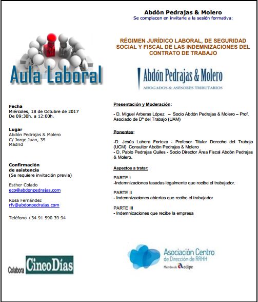 Sesión Aula Laboral - Régimen Jurídico Laboral, de Seguridad Social y Fiscal de las Indemnizaciones del Contrato de Trabajo