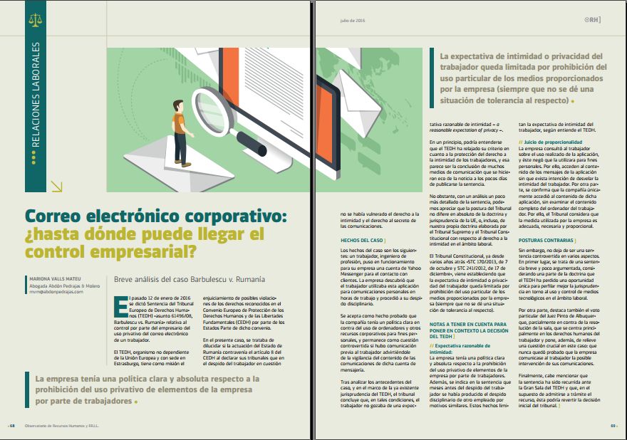 Correo electrónico corporativo: ¿hasta dónde puede llegar el control empresarial? Revista Observatorio de RR.HH. - Julio 2016