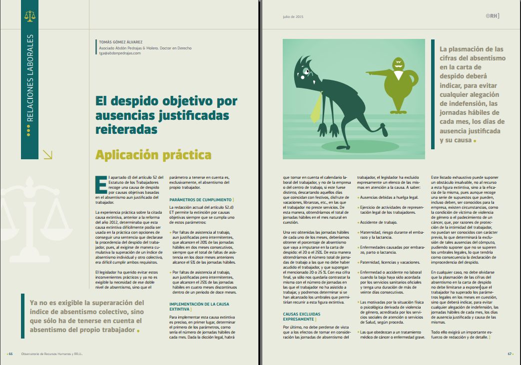 El despido objetivo por ausencias justificadas reiteradas. Revista Observatorio de RR.HH. n 103 - Julio 2015