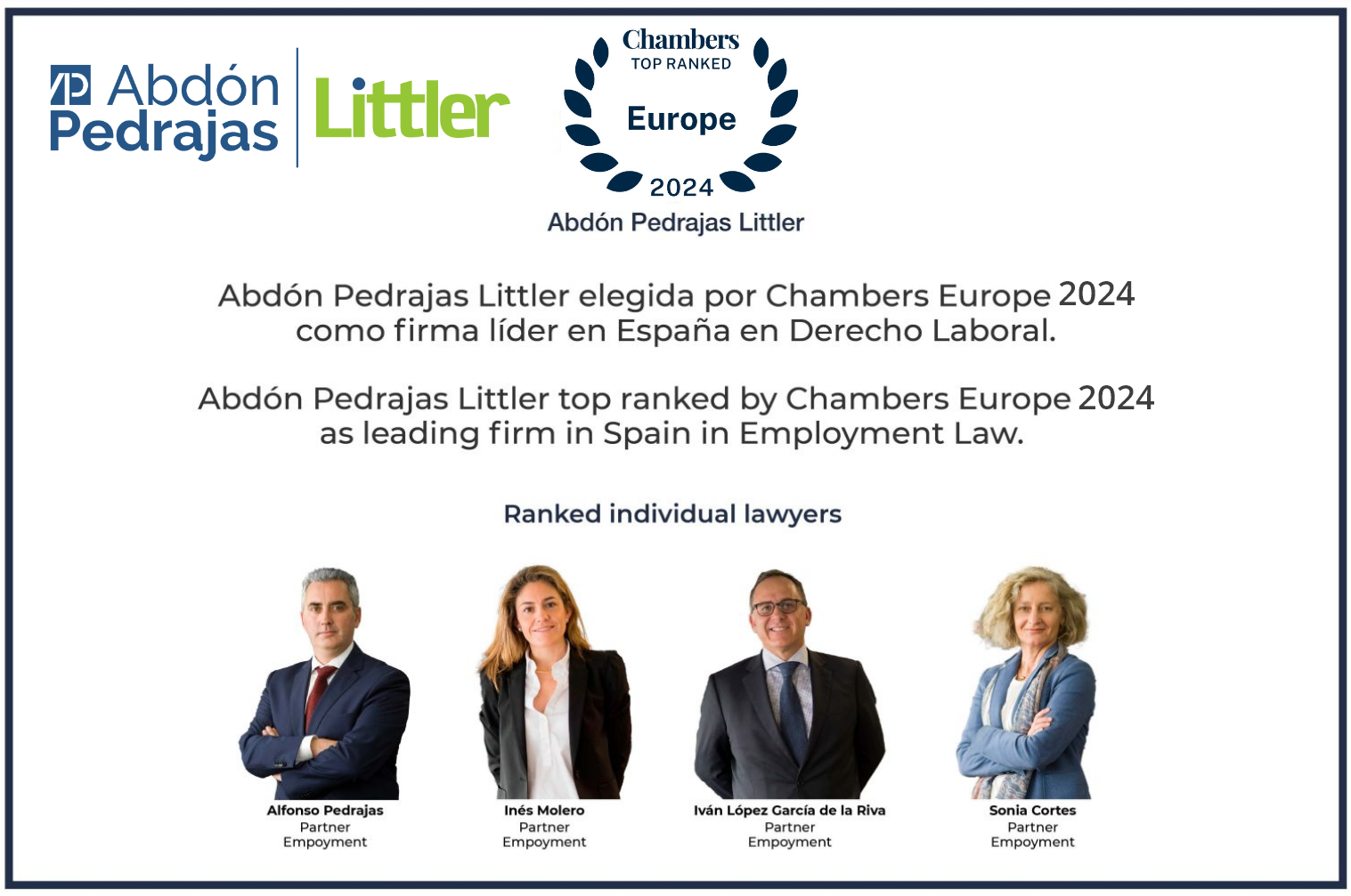 Abdón Pedrajas Littler elegida por Chambers Europe 2024 como firma líder en España en Derecho Laboral.