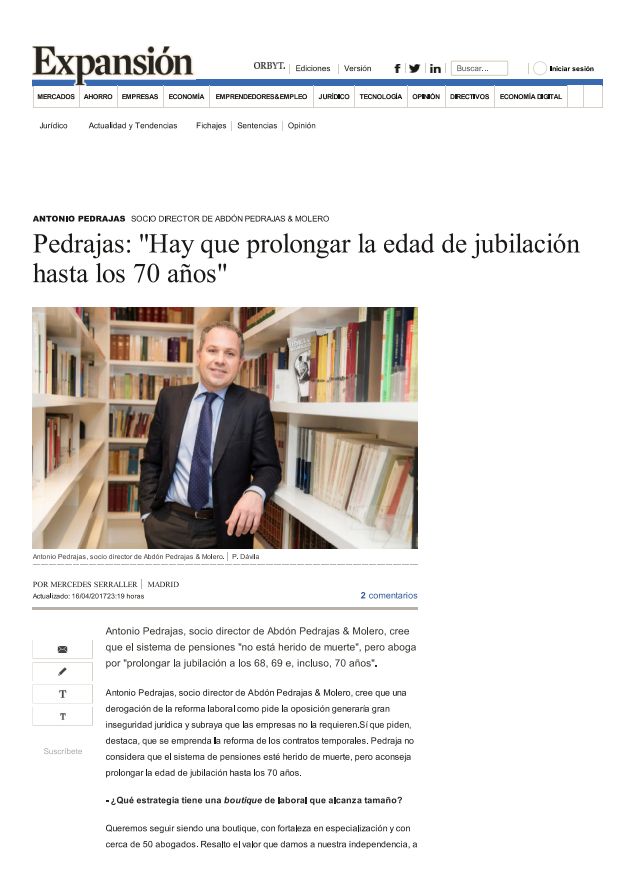 Entrevista Medios - "Hay que prolongar la edad de jubilacion hasta los 70 años"