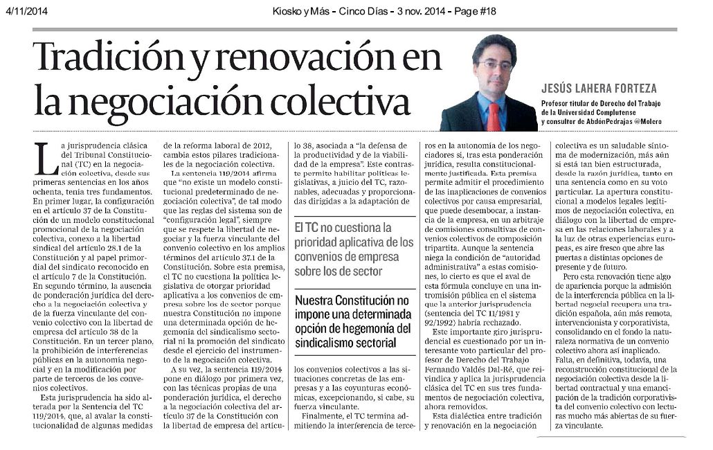 Artículo de Opinión - Tradición y Renovación en la Negociación Colectiva