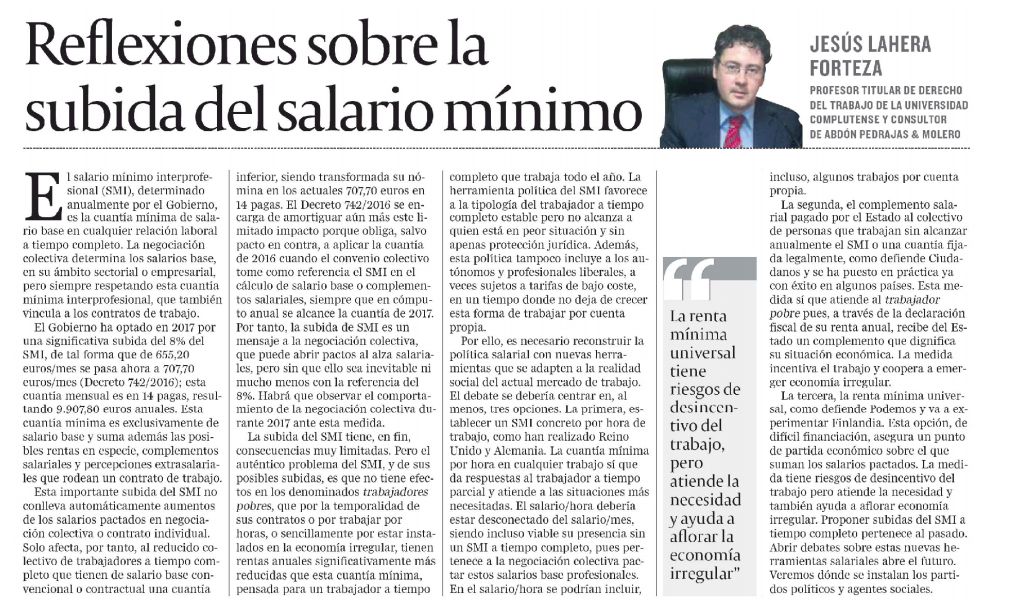 Articulo de Opinión -  Reflexiones sobre la subida del salario mínimo