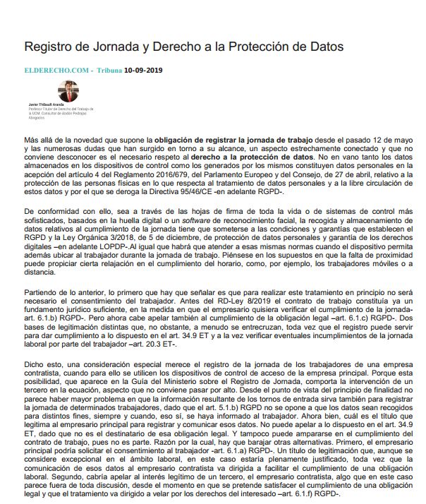 Registro de Jornada y Derecho a la Protección de Datos - Tribuna - ElDerecho