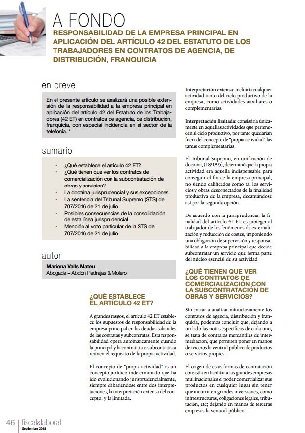 Responsabilidad de la empresa principal en aplicación del Art. 42 ET en contratos de agencia, de distribución, franquicia