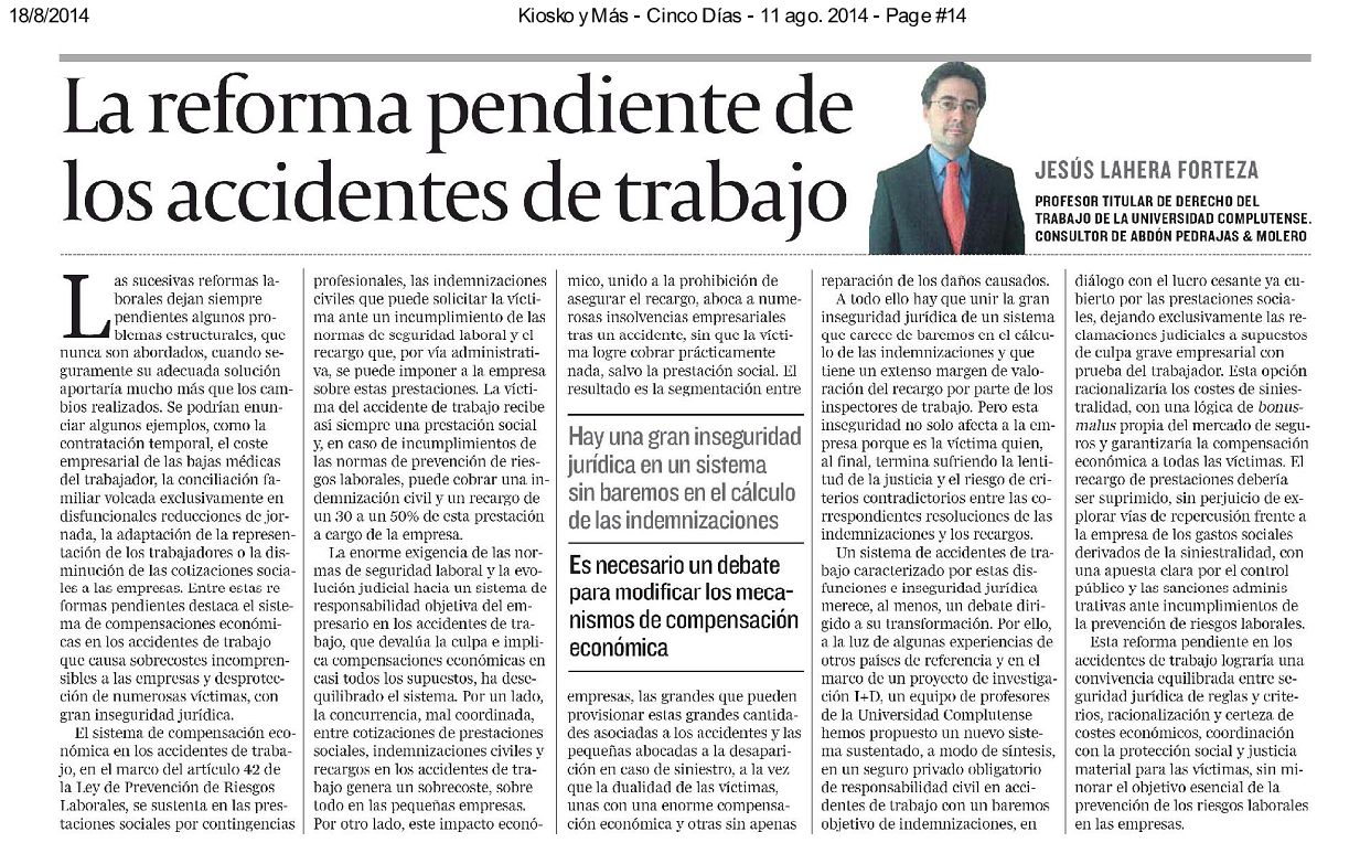 Artículo de Opinión -  La Reforma Pendiente de los Accidentes de Trabajo