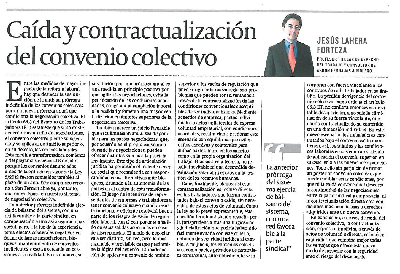 Artículo de Opinión.- Caída y Contractualización del Convenio Colectivo