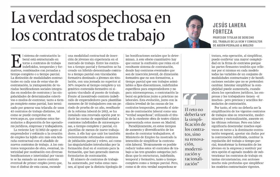 Artículo de Opinión.- La Verdad Sospechosa en los Contratos de Trabajo