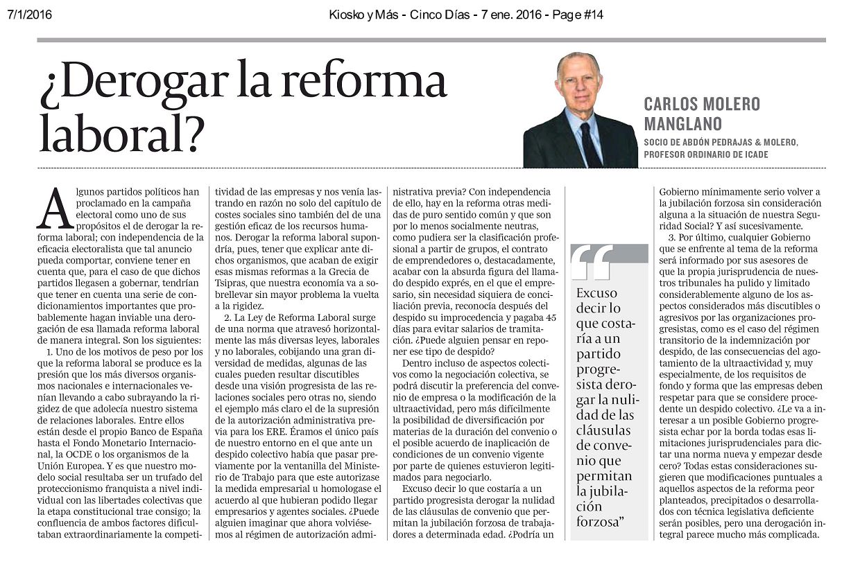 Artículo de Opinión - ¿Derogar la Reforma Laboral?