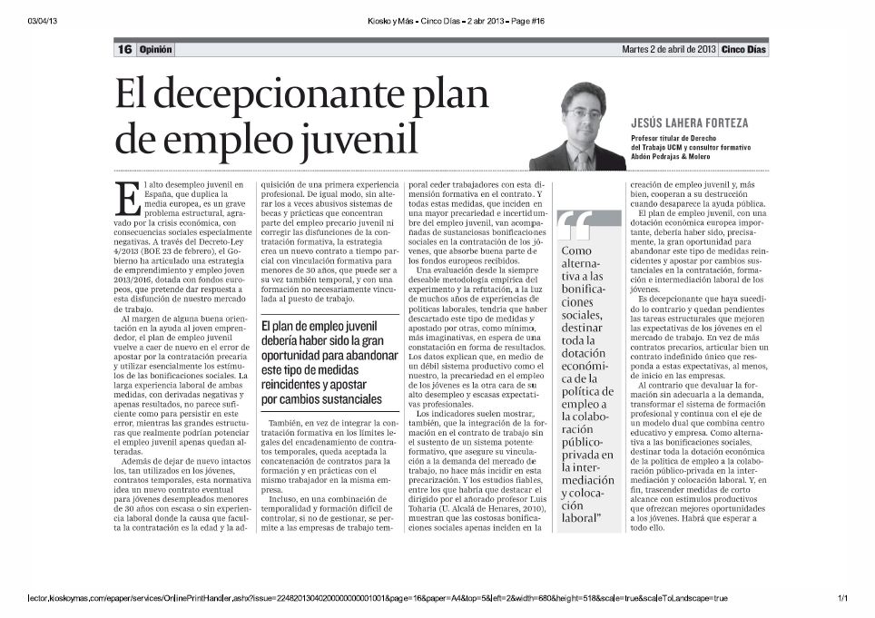 Artículo de Opinión - "El decepcionante plan de empleo juvenil"