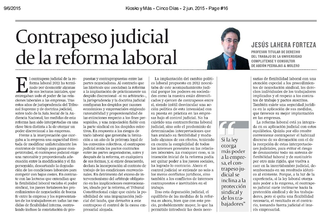 Artículo de Opinión - Contrapeso Judicial de la Reforma Laboral