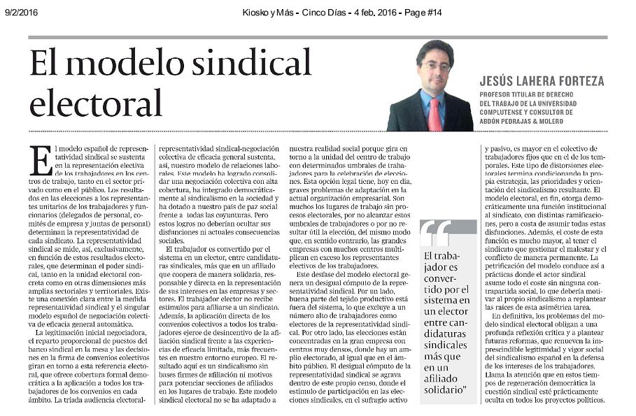 Artículo de Opinión - El Modelo Sindical Electoral