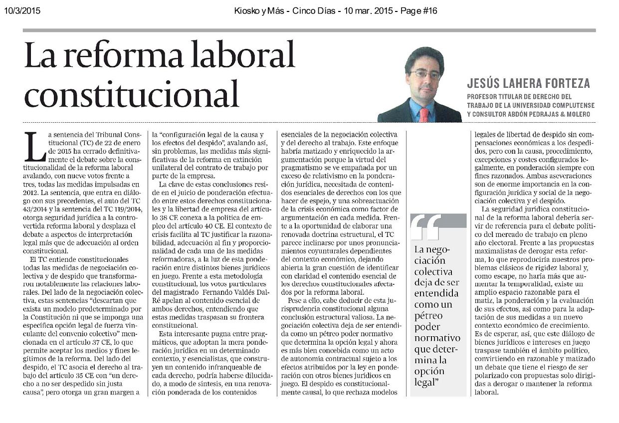 Artículo de Opinión - La Reforma Laboral Constitucional