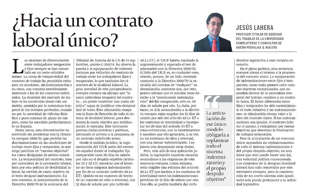 Artículo de Opinión - ¿Hacia un contrato laboral único?