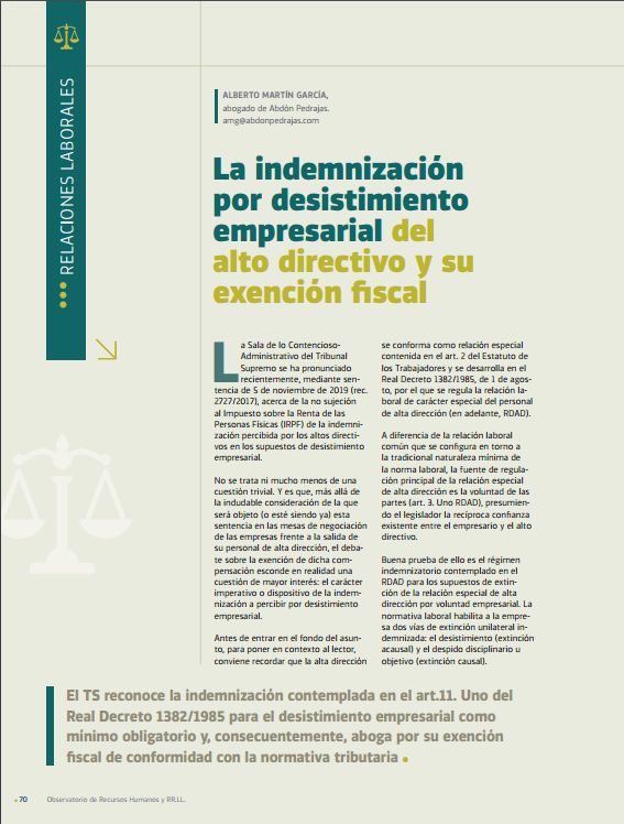 La indemnización por desistimiento empresarial del alto directivo y su exención fiscal