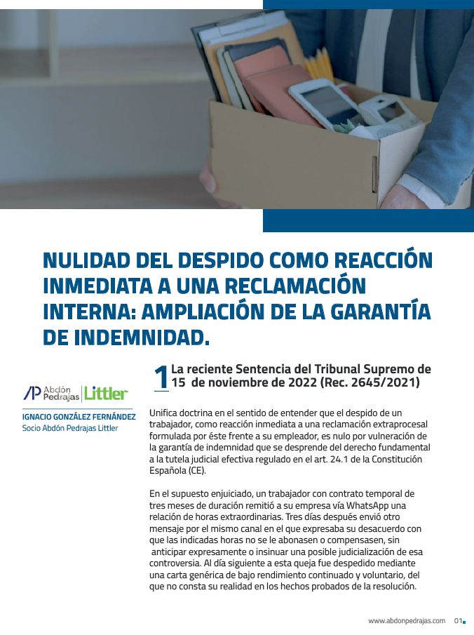 NULIDAD DEL DESPIDO COMO REACCIÓN INMEDIATA A UNA RECLAMACIÓN INTERNA: AMPLIACIÓN DE LA GARANTÍA DE INDEMNIDAD.