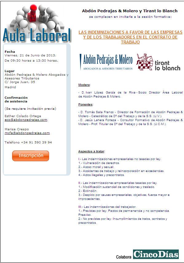 SESIÓN AULA LABORAL: LAS INDEMNIZACIONES A FAVOR DE LAS EMPRESAS Y DE LOS TRABAJADORES EN EL CONTRATO DE TRABAJO
