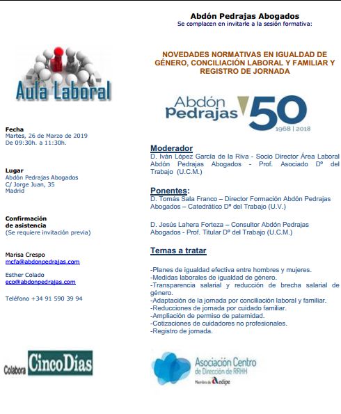 Sesión Aula Laboral - Novedades Normativas en Igualdad de Género, Conciliación Laboral y Familiar y Registro de Jornada