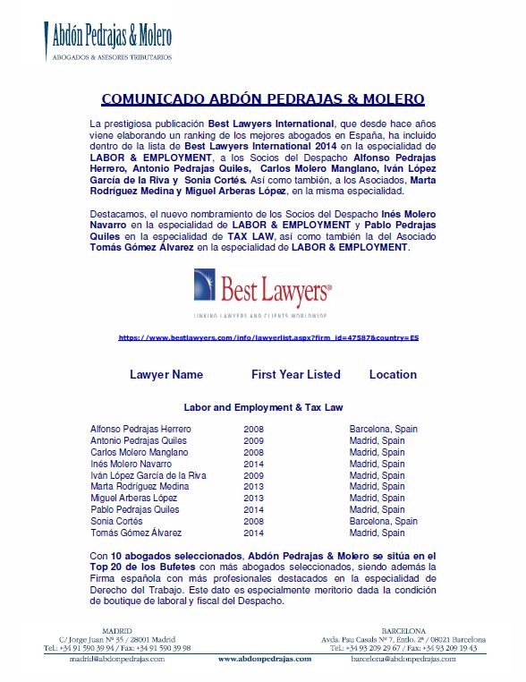 BEST LAWYERS 2013-2014 DESTACA A DIEZ ABOGADOS DEL DESPACHO ABDON PEDRAJAS & MOLERO, PRIMER DESPACHO DE ESPAÑA EN LA ESPECIALIDAD DE LABOR & EMPLOYMENT Y TAX LAW