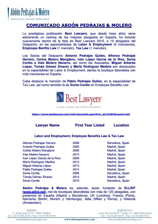 BEST LAWYERS 2014-2015 DESTACA A DIEZ ABOGADOS DEL DESPACHO ABDON PEDRAJAS & MOLERO, PRIMER DESPACHO DE ESPAÑA EN LA ESPECIALIDAD DE LABOR & EMPLOYMENT, EMPLOYEE BENFITS LAW Y TAX LAW