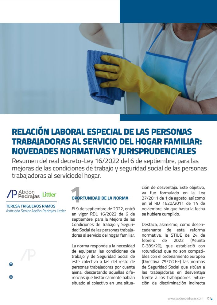 RELACIÓN LABORAL ESPECIAL DE LAS PERSONAS TRABAJADORAS AL SERVICIO DEL HOGAR FAMILIAR: NOVEDADES NORMATIVAS Y JURISPRUDENCIALES