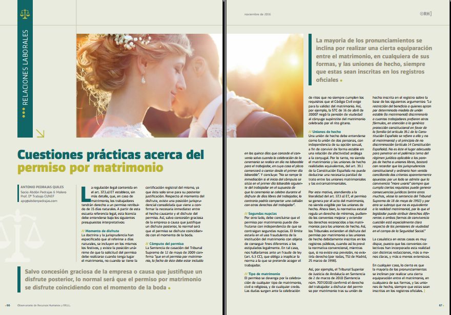 Cuestiones prácticas acerca del permiso por matrimonio - Revista Observatorio RR.HH. - Noviembre 2016