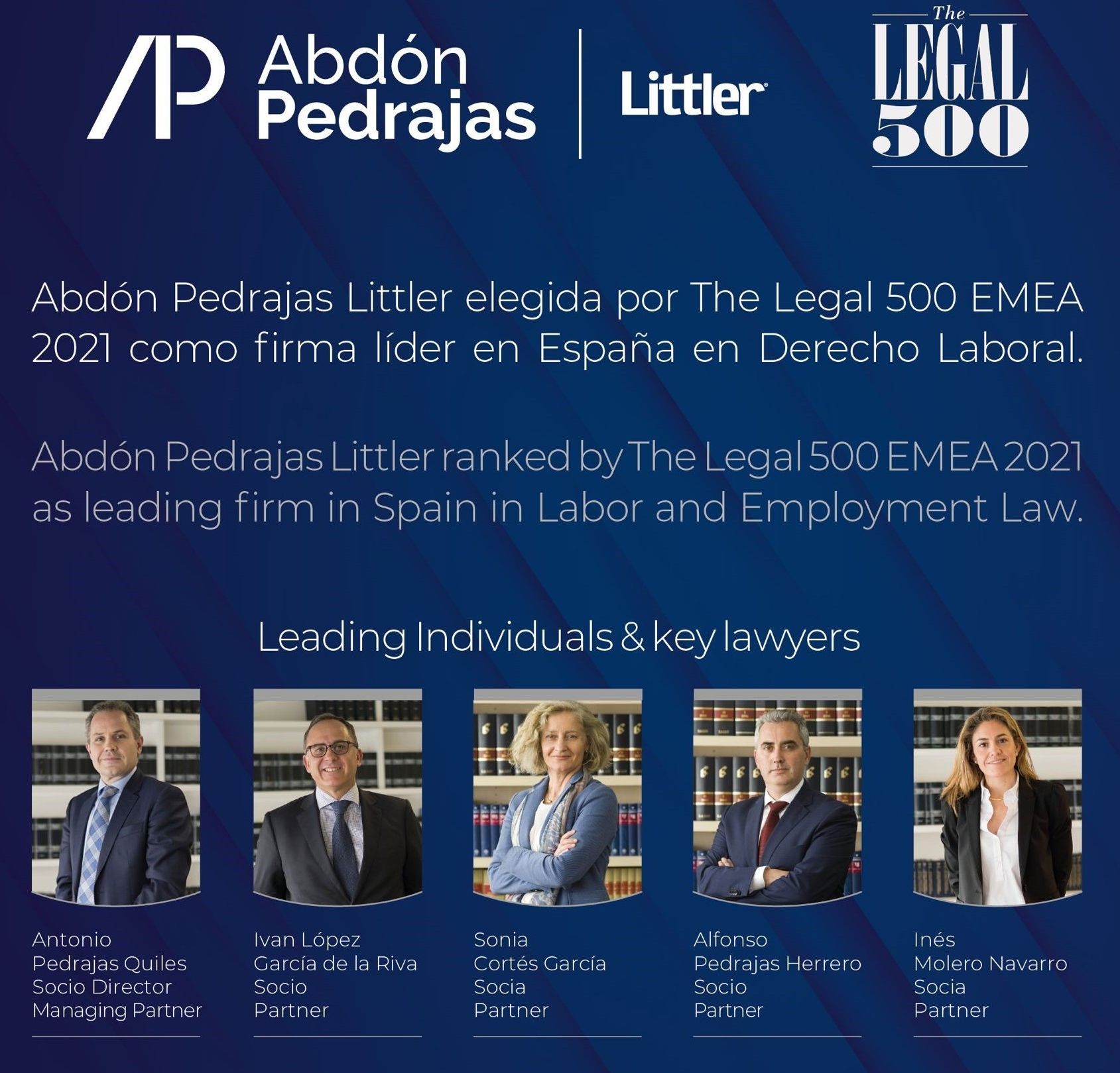 Abdón Pedrajas Littler elegida por The Legal 500 EMEA 2021 como firma líder en España en Derecho Laboral. 