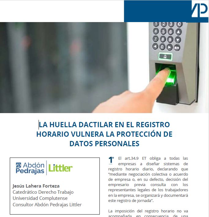 LA HUELLA DACTILAR EN EL REGISTRO HORARIO VULNERA LA PROTECCIÓN DE DATOS