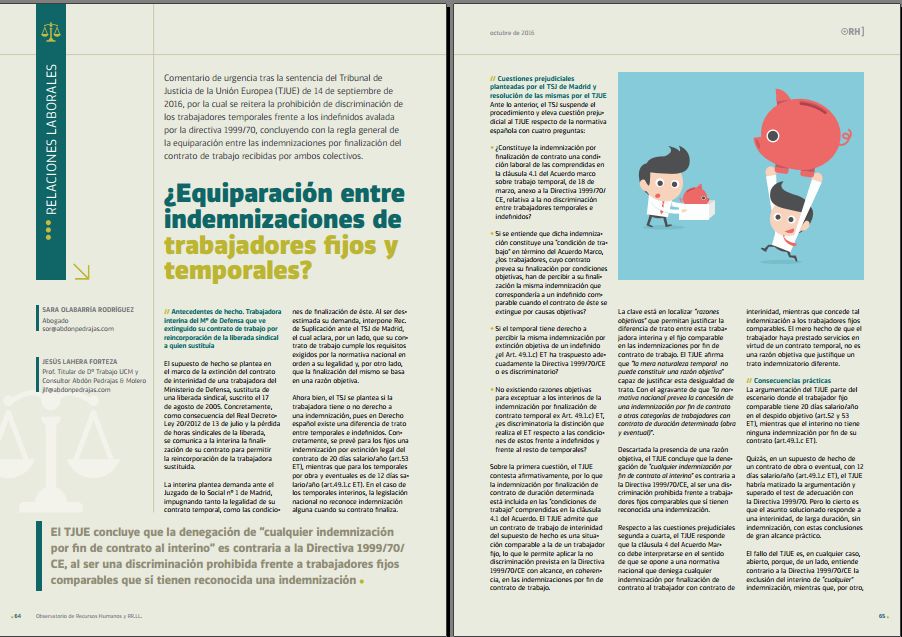 ¿Equiparación entre indemnizaciones de trabajadores fijos y temporales? - Revista Observatorio RR.HH. - Octubre 2016