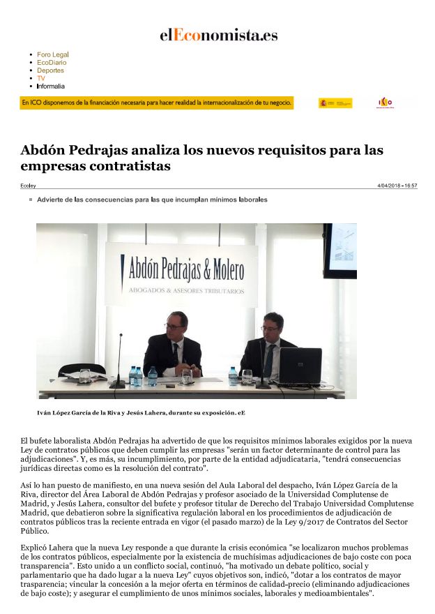 "Abdón Pedrajas analiza los nuevos requisitos para las empresas Contratistas" - El Economista.es