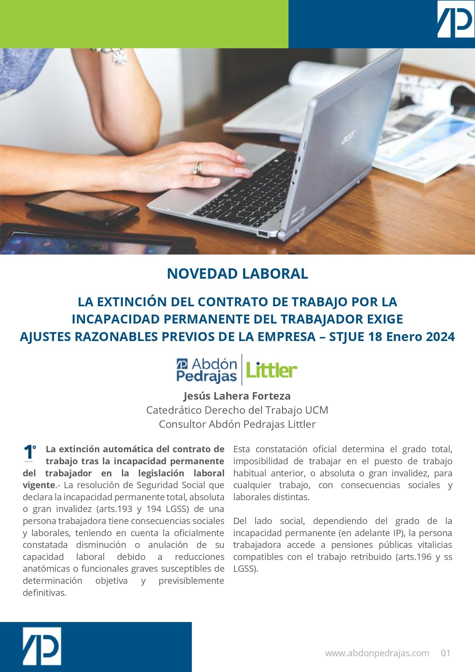 LA EXTINCIÓN DEL CONTRATO DE TRABAJO POR LA INCAPACIDAD PERMANENTE DEL TRABAJADOR EXIGE AJUSTES RAZONABLES PREVIOS DE LA EMPRESA  STJUE 18 Enero 2024