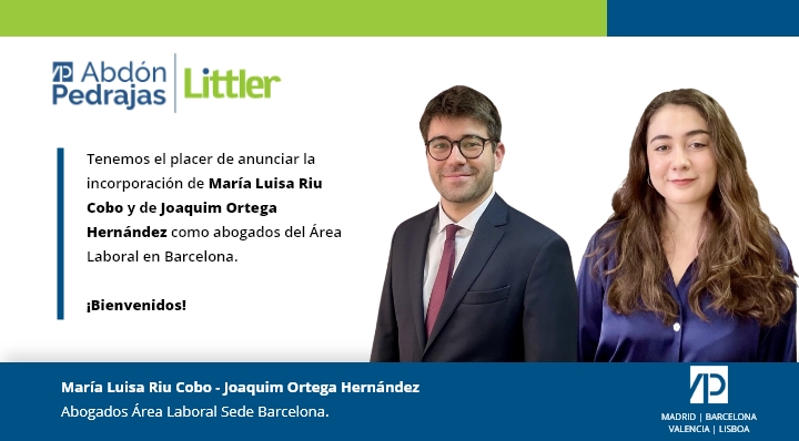 Tenemos el placer de anunciar la incorporación de María Luisa Riu Cobo y Joaquim Ortega I Hernández como Abogados del Área Laboral en Barcelona. ¡Bienvenidos!.