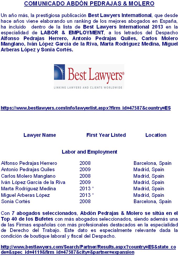 BEST LAWYERS DESTACA A SIETE ABOGADOS DE ABDON PEDRAJAS & MOLERO. ESPECIALIDAD LABOR & EMPLOYMENT.