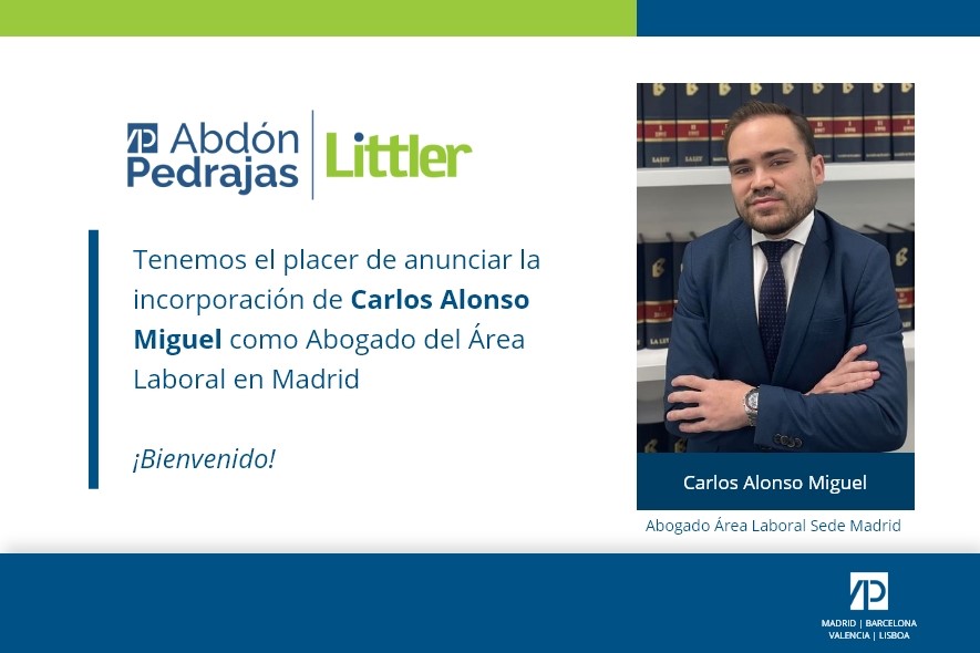 Tenemos el placer de anunciar la incorporación de Carlos Alonso Miguel como Abogado del Área Laboral en Madrid. ¡Bienvenido!.