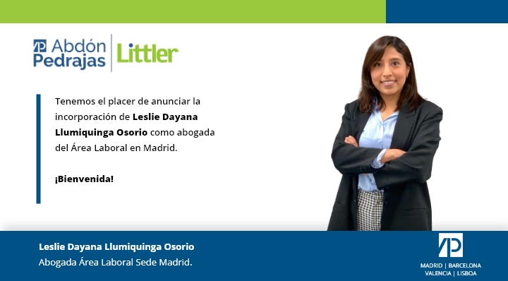 Tenemos el placer de anunciar la incorporación de Leslie Llumiquinga Osorio como Abogada del Área Laboral en Madrid. ¡Bienvenida!.