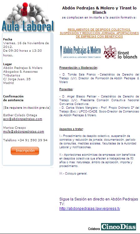 SESIÓN AULA LABORAL (ABDÓN PEDRAJAS ABOGADOS) - REGLAMENTO DE DESPIDOS COLECTIVOS, SUSPENSIÓN Y REDUCCIÓN DE JORNADA. APORTACIONES DE EMPRESAS CON BENEFICIOS