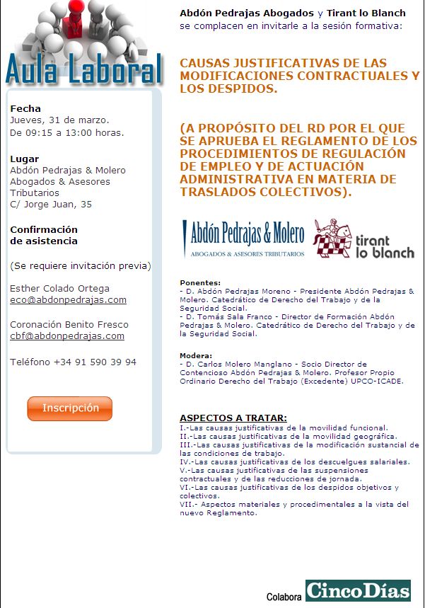 SESIÓN AULA LABORAL (ABDÓN PEDRAJAS & MOLERO ABOGADOS) - CAUSAS JUSTIFICATIVAS DE LAS MODIFICACIONES CONTRACTUALES Y LOS DESPIDOS.