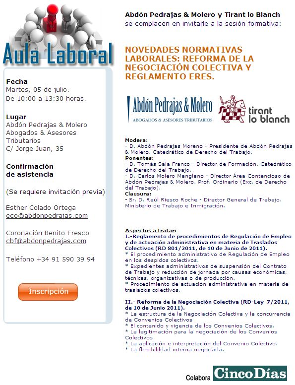 SESIÓN AULA LABORAL (ABDÓN PEDRAJAS & MOLERO ABOGADOS) - NOVEDADES NORMATIVAS LABORALES: REFORMA DE LA NEGOCIACIÓN COLECTIVA Y REGLAMENTO ERES.