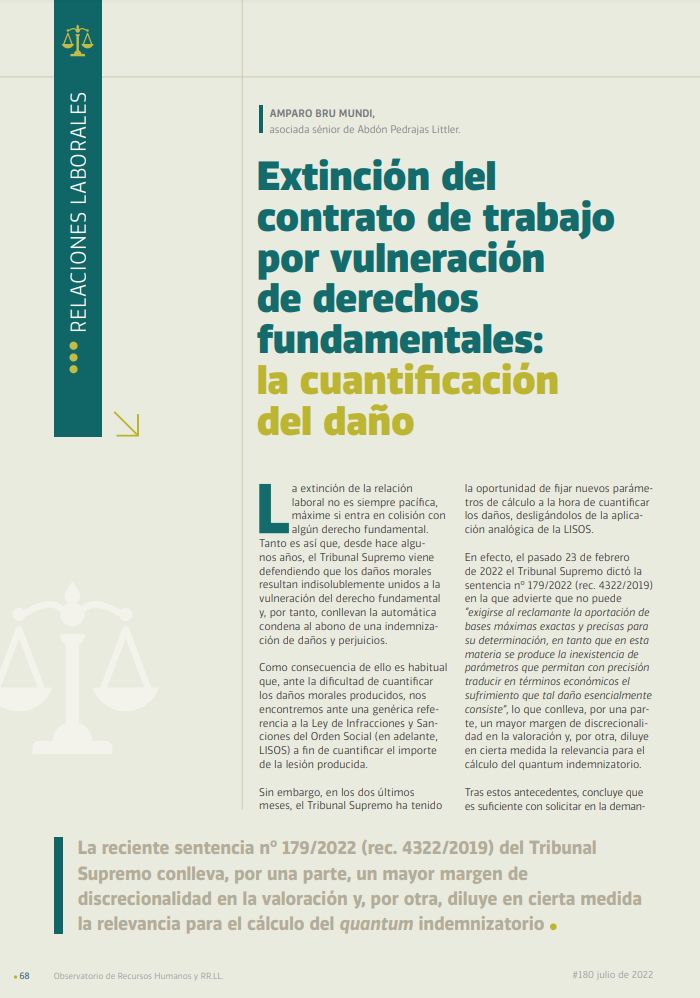 Extinción del contrato de trabajo por vulneración de derechos fundamentales: La cuantificación del daño
