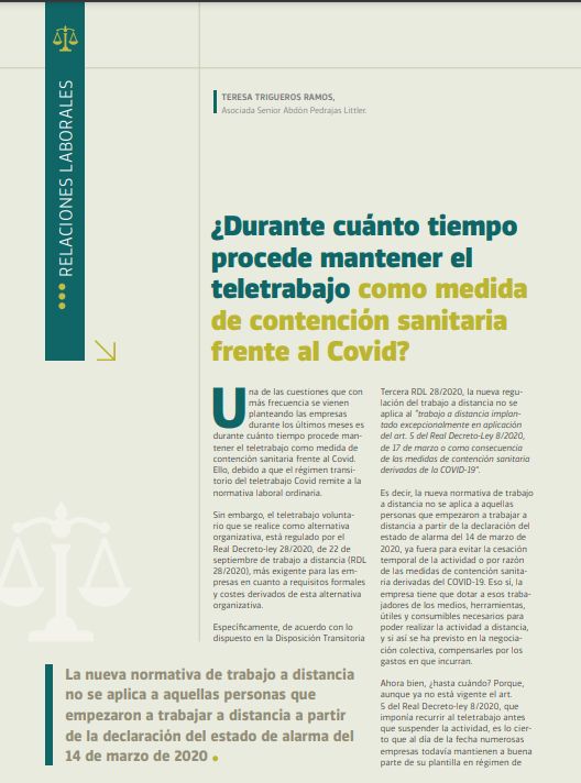 ¿Durante cuánto tiempo procede mantener el teletrabajo como medida de contención sanitaria frente al Covid?