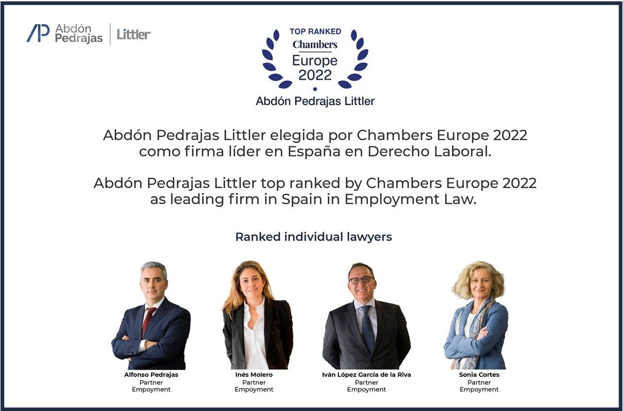 Abdón Pedrajas Littler, elegida por Chambers Europe 2022 como firma líder en España en Derecho Laboral