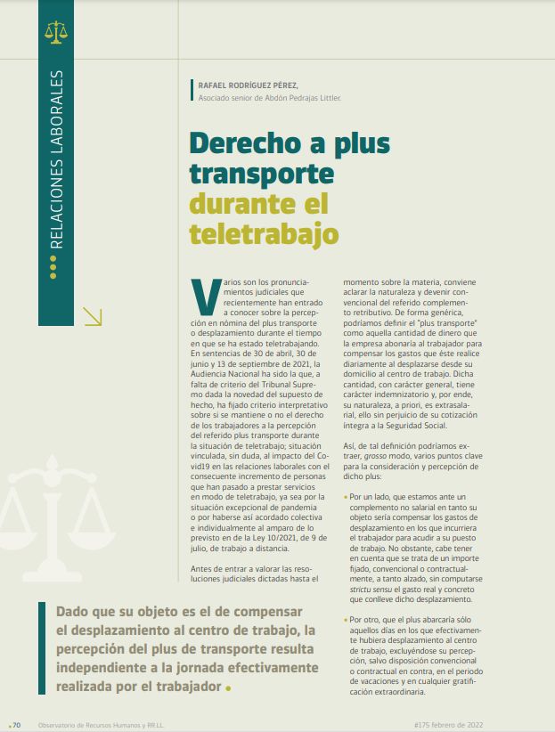 Derecho a plus transporte durante el teletrabajo