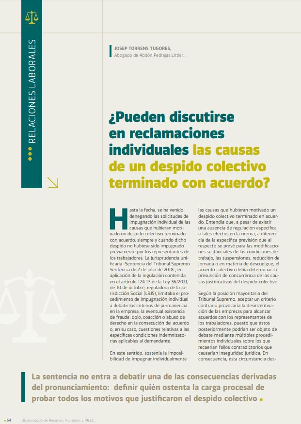 ¿Pueden discutirse en reclamaciones individuales las causas de un despido colectivo terminado con acuerdo?