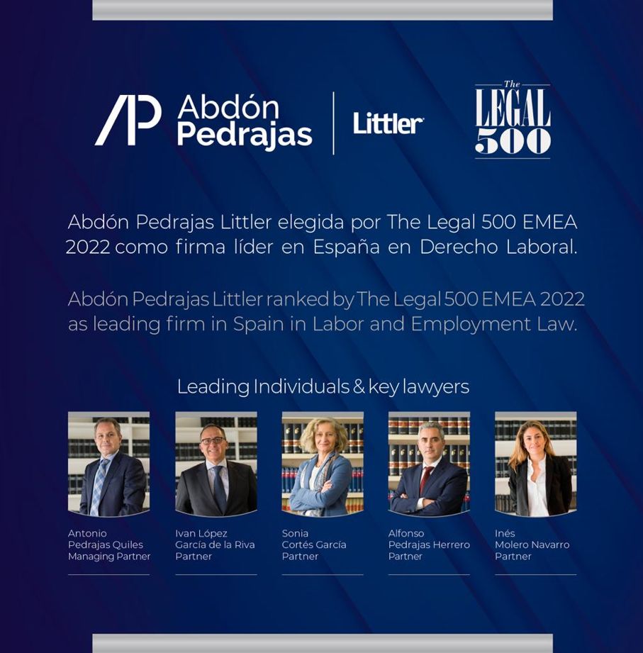 Abdón Pedrajas Littler elegida por The Legal 500 EMEA 2022 como firma líder en España en Derecho Laboral.
