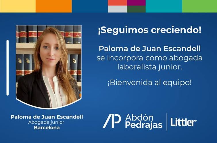 ¡Seguimos creciendo! Paloma de Juan Escandell se incorpora como abogada laboralista junior. ¡Bienvenida al equipo!