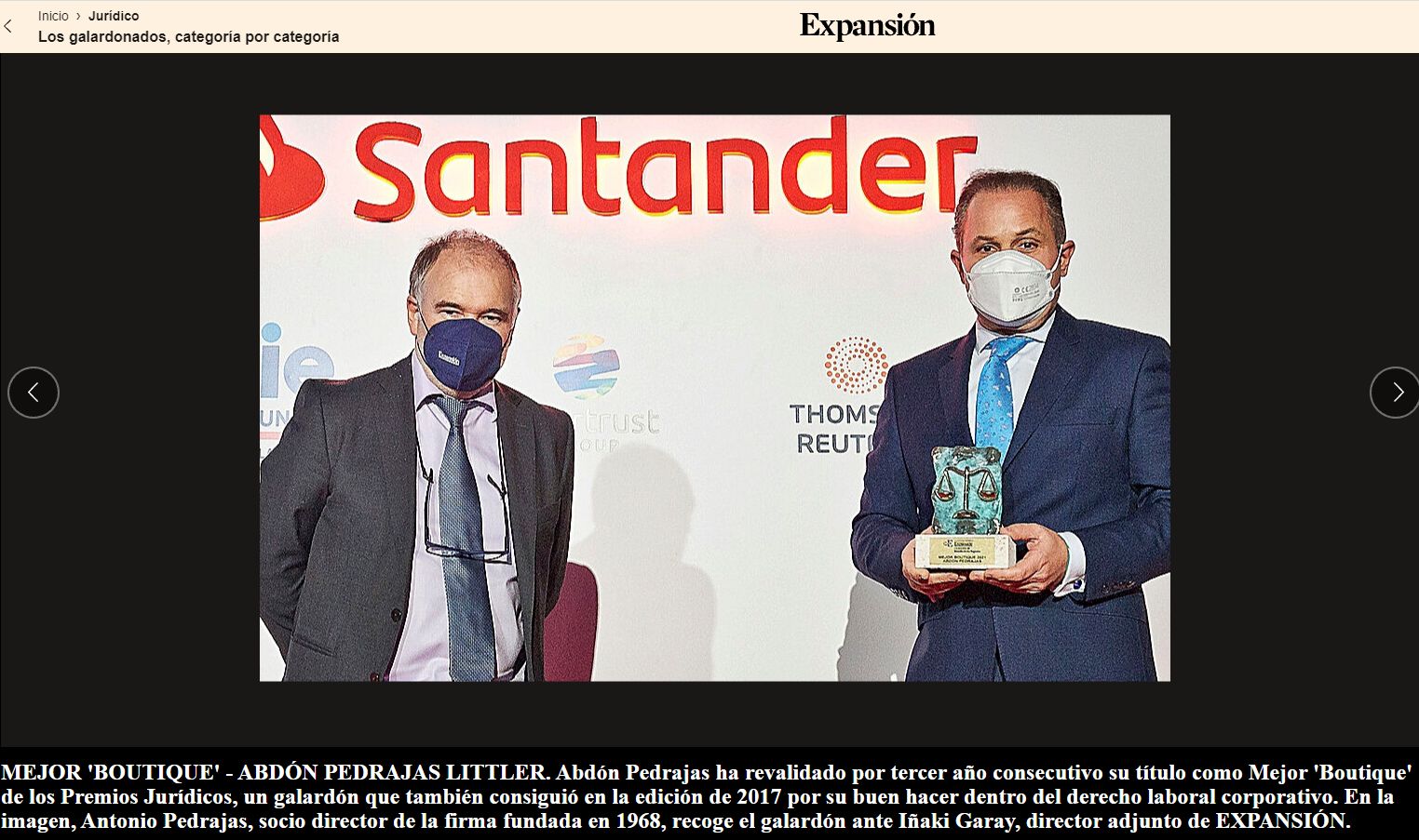 ABDÓN PEDRAJAS PREMIADA NUEVAMENTE COMO MEJOR BOUTIQUE LEGAL DE ESPAÑA EN LA VI EDICIÓN DE LOS PREMIOS JURÍDICOS EXPANSIÓN.