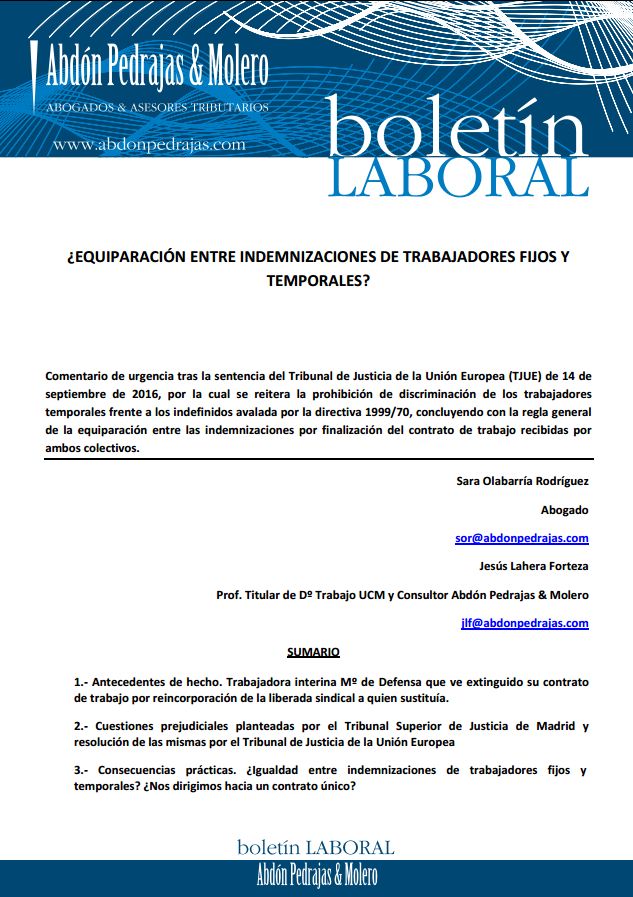 BOLETÍN LABORAL - ¿EQUIPARACIÓN ENTRE INDEMNIZACIONES DE TRABAJADORES FIJOS Y TEMPORALES?