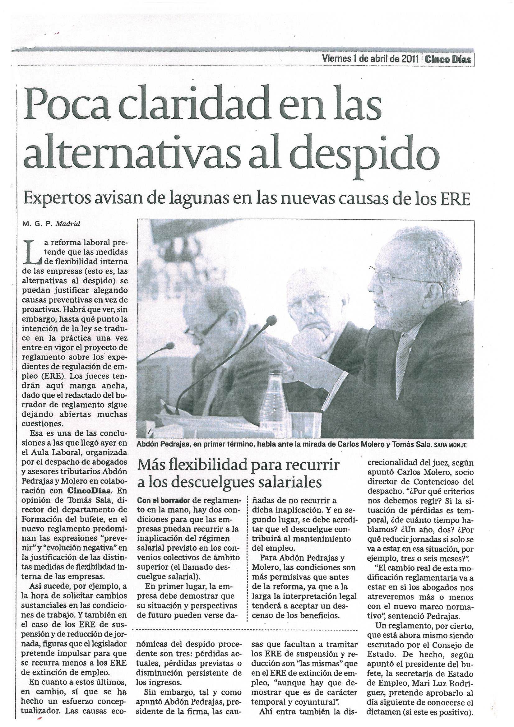 PUBLICACIÓN PERIÓDICO CINCO DÍAS  (01-04-2011) - SESIÓN AULA LABORAL (CAUSAS JUSTIFICATIVAS DE LAS MODIFICACIONES CONTRACTUALES Y LOS DESPIDOS).