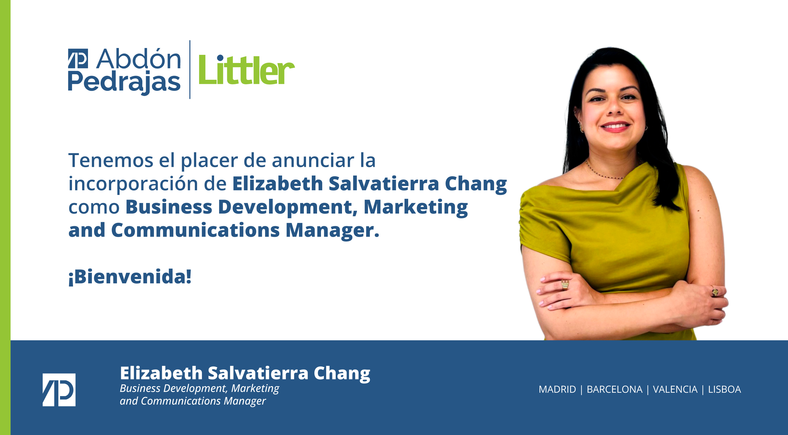 Tenemos el placer de anunciar la incorporación de Elizabeth Salvatierra Chang como Business Development, Marketing and Communications Manager. ¡Bienvenida!